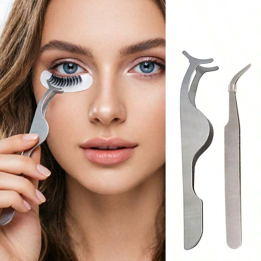 2pcs Eyelash Extension Stainless Steel Eyelash Curler & Tweezer Set, Makeup Beauty Tools