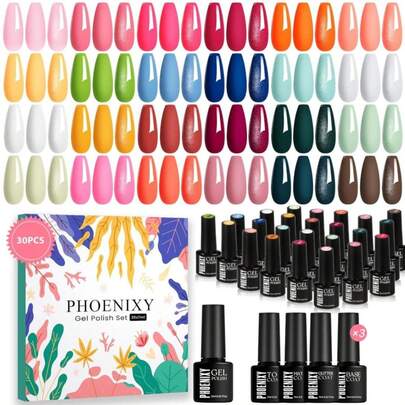 Phoenixy 30 PCS Gel Nail Polish, 24 Colors Soak Off Gel Nail Polish Set Pink Blue With Base Matte Glossy Glitter Top Coat Home Manicure Art Beginners Gift For Women