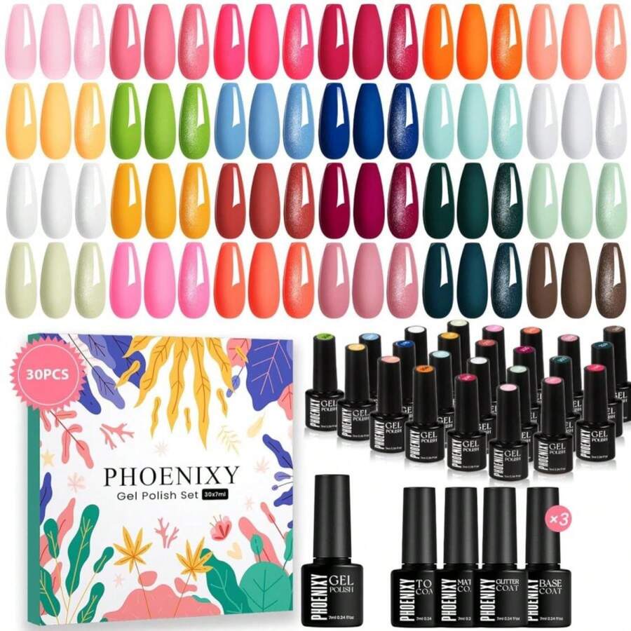 Phoenixy 30 PCS Gel Nail Polish, 24 Colors Soak Off Gel Nail Polish Set Pink Blue With Base Matte Glossy Glitter Top Coat Home Manicure Art Beginners Gift For Women - 白色 - 查看 1