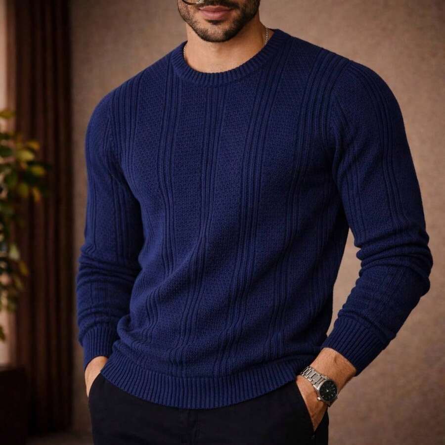 Men's Knitted Sweater Top Chic High Quality Textured Autumn Winter Long Sleeve - Navy Blue - View 1