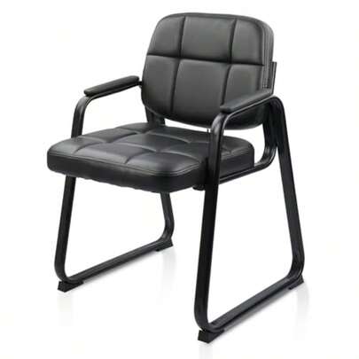 Waiting Room Chairs With Padded Arms Leather Guest Chair No Wheels For Office Reception And Conference Desk With Sled Base Black