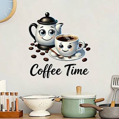 1/3 miếng dán tường chủ đề Giờ uống cà phê: Hình dán cốc và ấm cà phê cười, dễ dán, có thể tháo rời, làm tranh dán tường nghệ thuật bằng vinyl cho nhà bếp, phòng ăn, quầy cà phê, quán cà phê, trang trí nhà cửa theo phong cách thẩm mỹ.