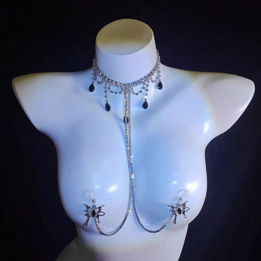 1件高品质奢华多层珍珠女士吊带背心，手工打结时尚性感珍珠身体链，甜美少女时尚仿珍珠吊带背心，简约少女露脐新款休闲风简约仿珍珠露背上衣，青少年风格可爱串珠精美吊带背心，珍珠串珠身体链性感时尚，高端镶钻胸链，上衣链，婚纱，夜店派对饰品 - 銀色 - 查看 1