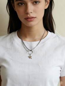 1件银色不锈钢不对称五角星吊坠项链，防褪色，嘻哈风格，适合街舞、音乐节、日常佩戴 - 銀色 - 查看 2