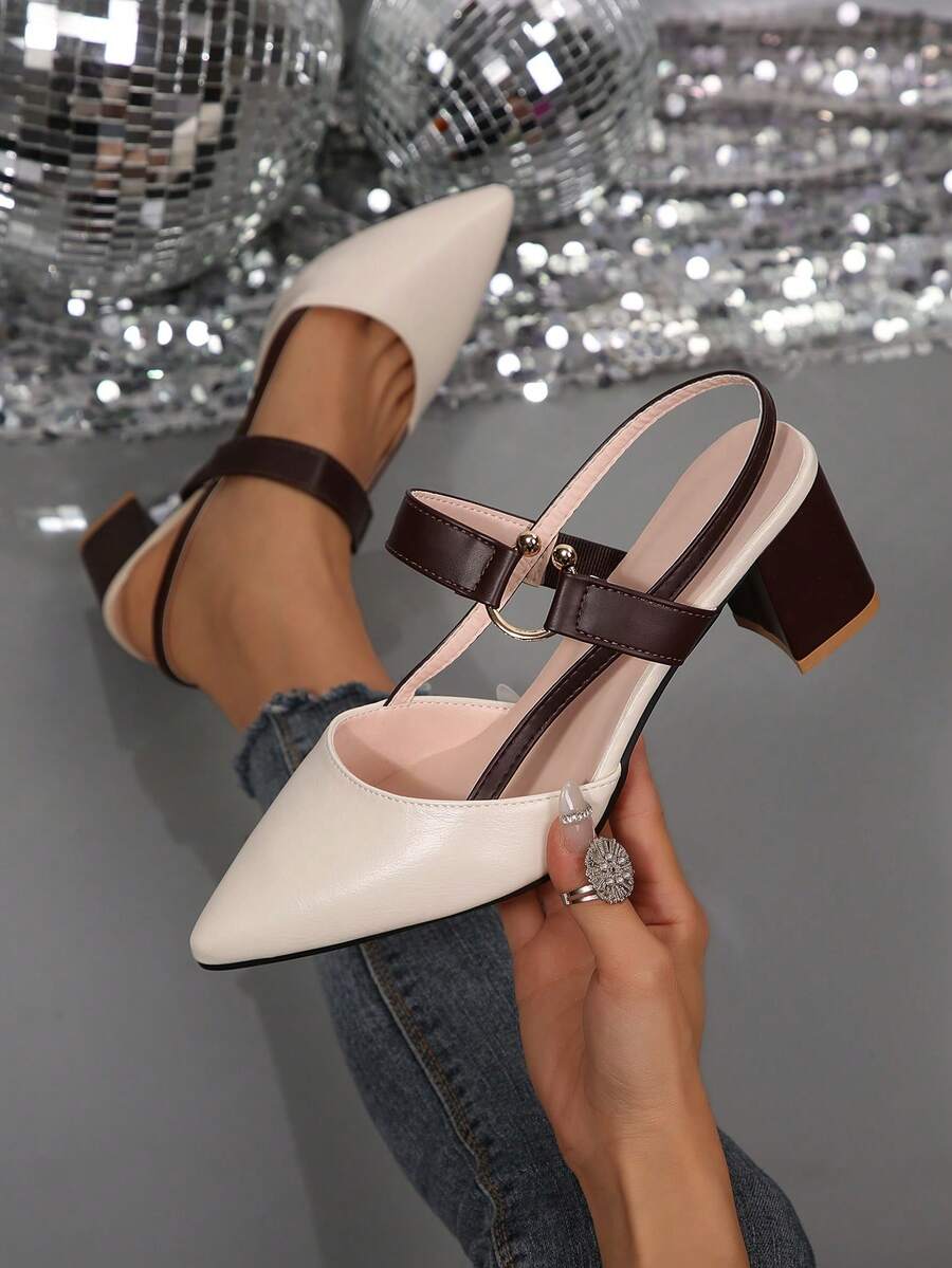 Beige Pointed Toe High Heel Mules With Buckle Strap And Hollow-Out Design, Elegant Office Slip-On Casual High Heel Pumps - Beige - View 1