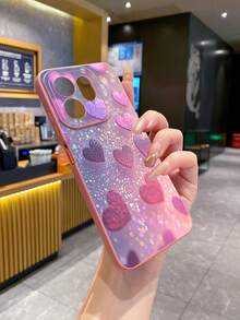 1 pieza Funda de teléfono a prueba de golpes con corazón de diamante de imitación morado, impresa con UV adecuada para modelos /Galaxy/Android - Rosa - Ver 6