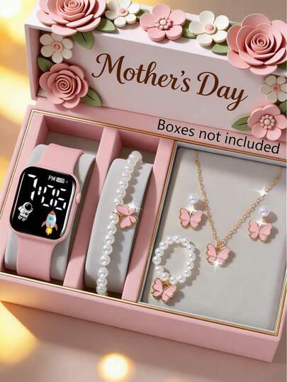 6/5件套。时尚、简约、优雅又可爱。适合少女佩戴。方形数字显示电子手表搭配蝴蝶饰品套装，包括项链、手链、耳环和戒指。非常适合女孩佩戴，可在派对、聚会和外出时查看时间。也是送给朋友/母亲的绝佳礼物之选，适合母亲节、开学季和婚礼季。