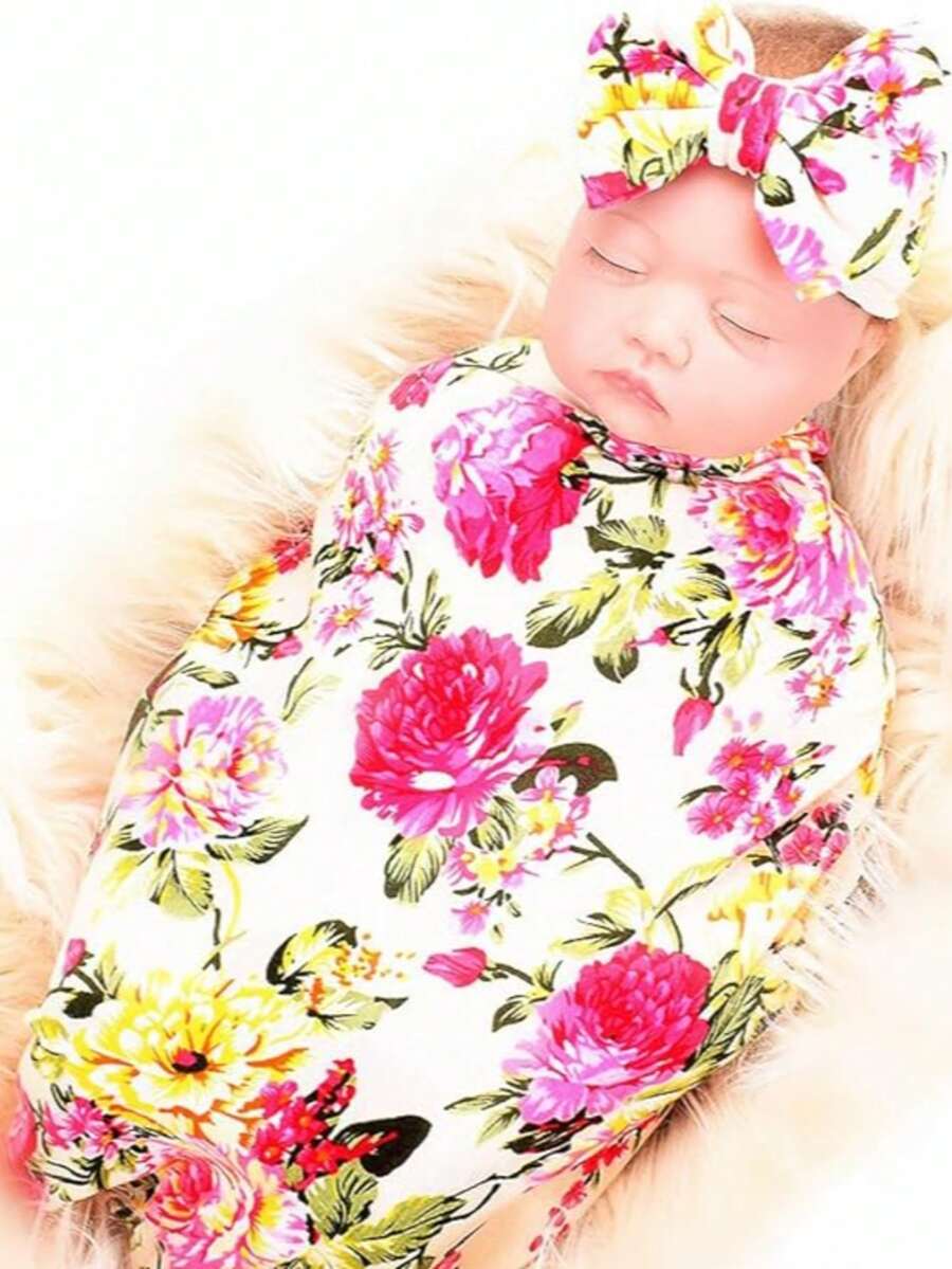 Receiving Blanket Headband Set Flower Print Baby Swaddle Blankets - Beige - View 1