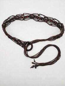 Cinturón de poliéster con patrón de rombos tejidos calados, versátil para todas las estaciones: verano, escuela, otoño, Halloween, estilo bohemio - Marrón - Ver 2