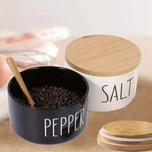 1 Set Ceramic Salt & Pepper Bowls, 2 Compartments, Lid Salt Container, Stackable, Black & White Color, Salt & Pepper Set, Salt Bowl, Pepper Bowl, 2 Wooden Lids, Small Plate, Kitchen Decor, Kitchen Utensils - MultiWarna - View 5