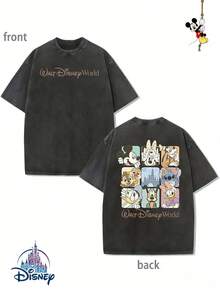 Disney Official Licensed Walt Disney World Character Collage Double-Sided Graphic T Shirts 100 Percent Cotton Disney Shirt Washed 230g Unisex - 黑色 - 查看 1