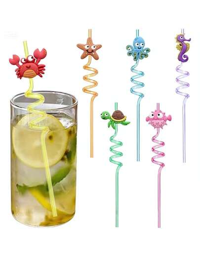 6 ống hút nhựa tái sử dụng hình nàng tiên cá và các loài động vật biển, thích hợp cho trang trí tiệc chủ đề nàng tiên cá/đại dương, đồ dùng sinh nhật chủ đề đại dương, trang trí tiệc bãi biển.
