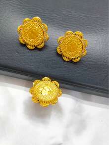 时尚女士镀金硬币吊坠首饰套装，包含1条项链、1对耳环、1条手链和1枚戒指，共4件，适合沙特阿拉伯、中东、迪拜、欧洲、非洲的婚礼、派对、母亲节、情人节、音乐节、生日、节日等场合佩戴，也是送给妈妈、姐妹、女友的礼物。 - 金黃色 - 查看 4