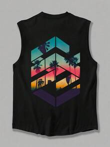 1 chiếc áo tank top nam cổ tròn in họa tiết, kiểu dáng thường ngày, thích hợp cho mùa hè. - màu đen - Xem 3