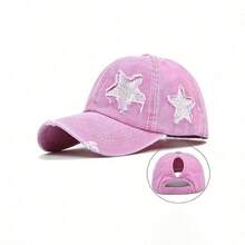 1pc Ladies' Embroidered 5-Pointed Star Washed Ponytail Distressed Baseball Cap, Sun Protection Leisure Hat Suitable For Spring/Autumn Travel, Beach Holidays, Men's Sun Hat, Y2K Style Youth Hat - A - 查看 6