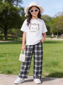 Girls' Summer Printed T-Shirt And Plaid Pants 2 Pieces Casual Set - Black - View 4