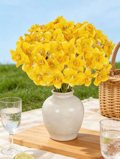 3pcs Artificial Yellow Daffodil Flowers, Made Of Plastic Material, Suitable For Home, Office, Party Decor, Weddings, Low Maintenance, Year-Round Holiday Decoration, Elegant Floral Design, Suitable For Tabletop Placement