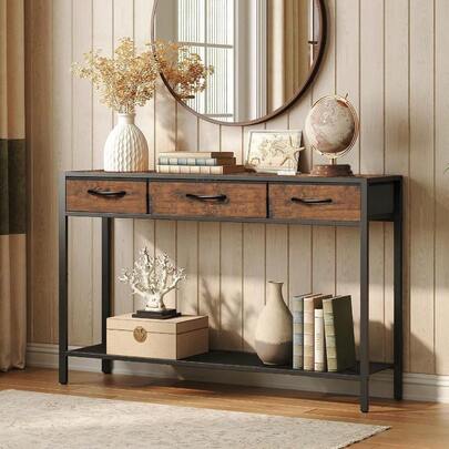 Entryway Table, Furniture, Console Table With 3 Fabric Drawers, Industrial Entryway Table With Storage, Narrow Sofa Table Living Room, Entrance, Hallway, Couch, Corridor, Rustic Brown And Black CTHR23301