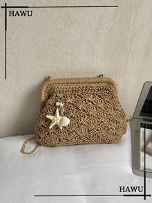 Starfish & Seashell Straw Clutch With Chain Strap | Summer Beach Vacation Essentials - Khaki - View 10