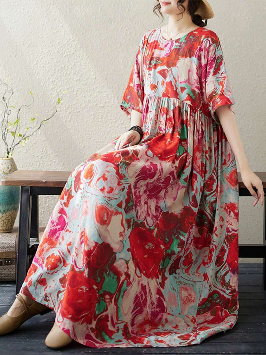 AZAH 萬聖節優雅舞會波希米亞印花編織洋裝,大尺碼女款,蝙蝠袖,圓領,休閒A字洋裝 - 紅色 - 查看 1