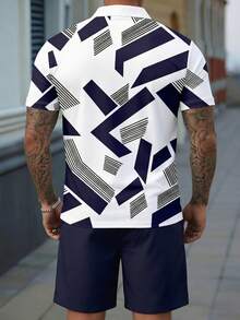 Men's Geometric All-Over Print Short Sleeve Polo Shirt And Drawstring Waist Shorts Set, Summer - Multicolor - View 5