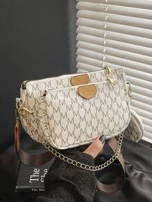 Spring New Letter Print Wide Strap Shoulder Bag, Retro Minimalist Fashion Chain Crossbody Bag 3-Piece Set - White - View 1