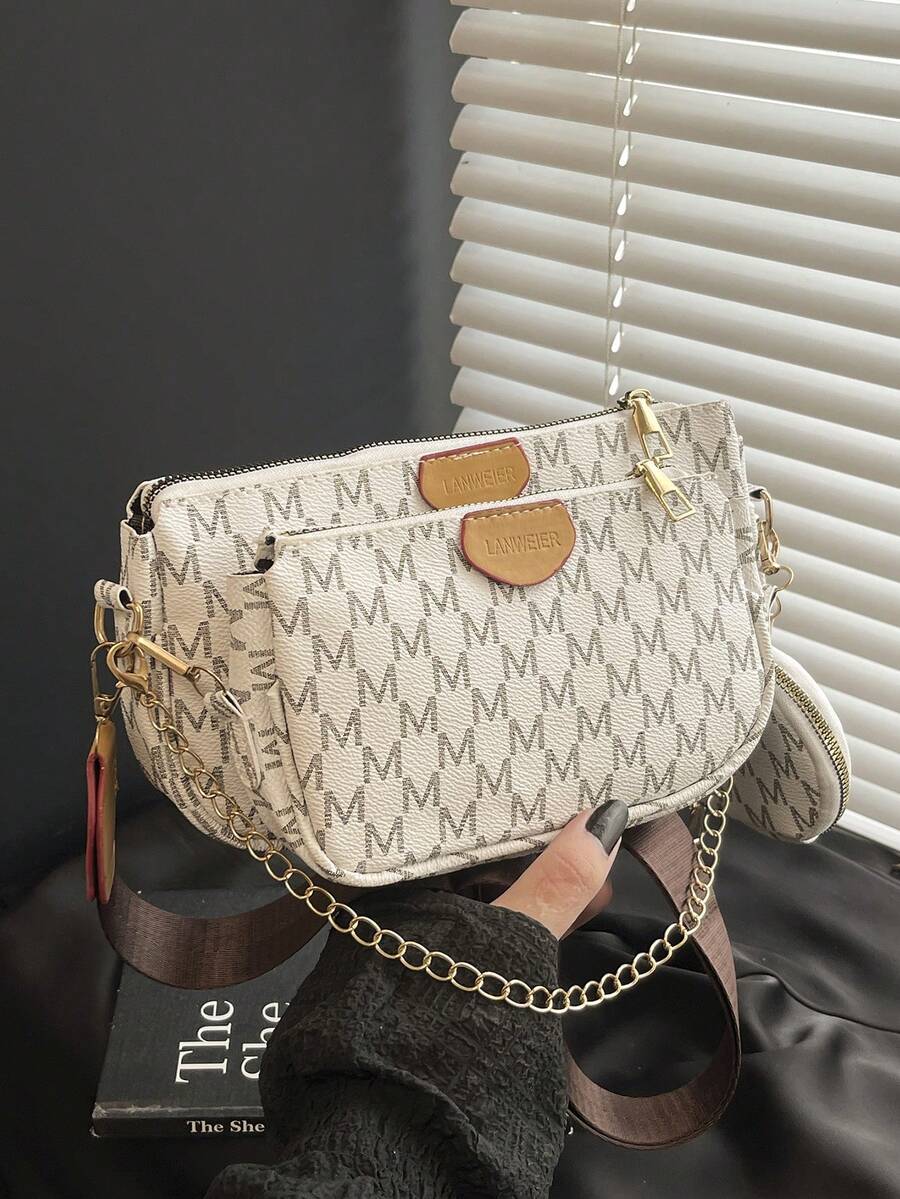 Spring New Letter Print Wide Strap Shoulder Bag, Retro Minimalist Fashion Chain Crossbody Bag 3-Piece Set - White - View 1