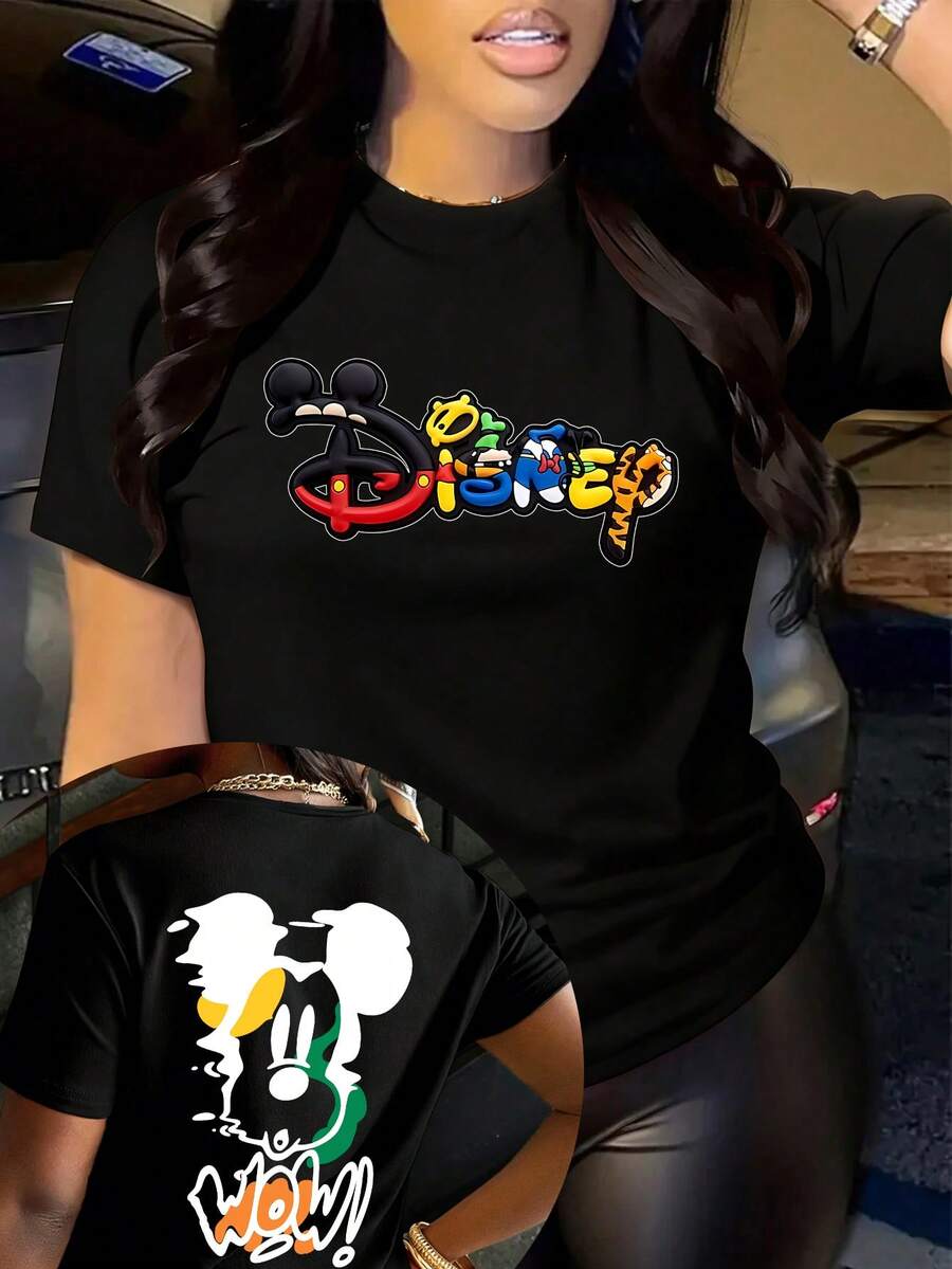 Women's Casual Mickey Mouse Disney Graphic Black Cotton Regular Fit Round Neck Short Sleeve T-Shirt - 黑色 - 查看 1