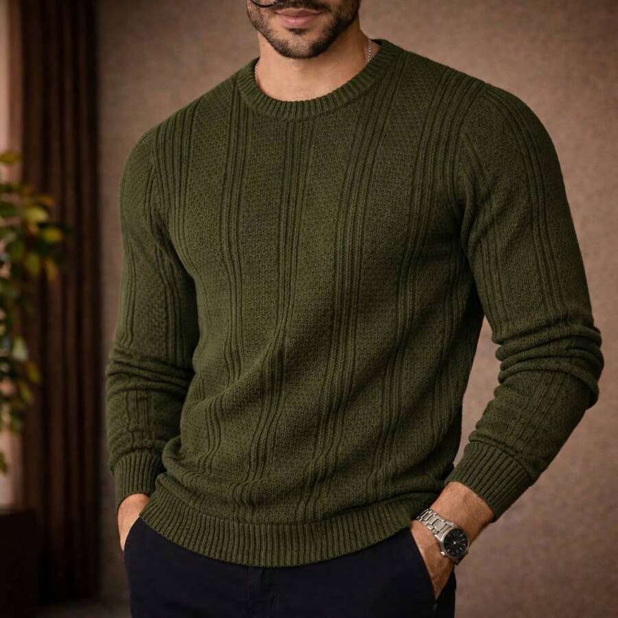 Men's Knitted Sweater Top Chic High Quality Textured Autumn Winter Long Sleeve - xanh quân đội - Xem 1
