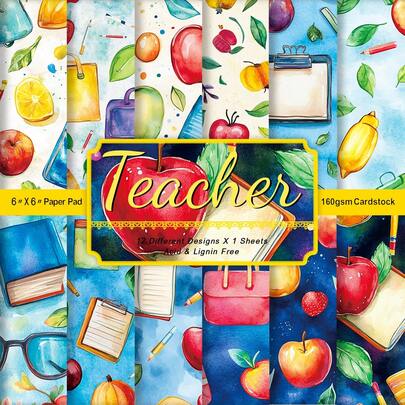 12 pezzi di carta per scrapbooking a tema insegnante, con grafiche di articoli di cancelleria come libri, matite, quaderni, ideale per realizzare journal, biglietti, album fotografici e altri lavoretti creativi, perfetto per la stagione di back to school, laurea e regali per la festa degli insegnanti