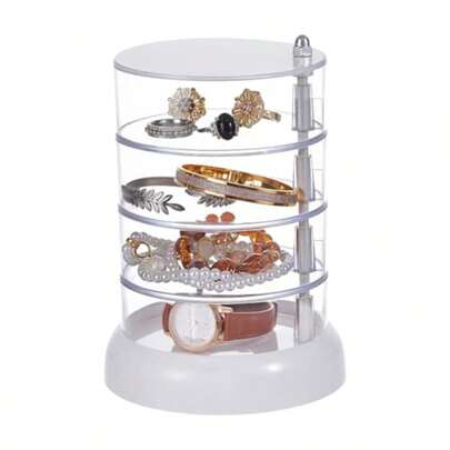 360° Rotating Organizer 4-Layers Jewelry Storage Box With Lid Clear Jewelry Holder Case Easy Classify Storage Box For Ring Earring Bracelets Makeup Hair Accessories