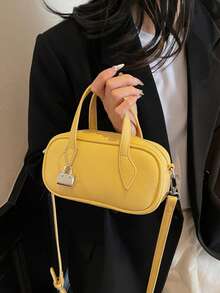 女士时尚别致金属扣设计单肩包，简约百搭都市通勤风格，配有可调节肩带 - 黃色 - 查看 9