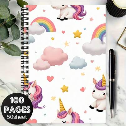 دفتر ملاحظات ب- 100 صفحة/50 ورقة بتصميم وحيد القرن الحالم، قوس ، سحابة، حلزوني. تصميم كرتوني جذاب وقيمة جمالية عالية. مناسب لتسجيل العمل، ملاحظات الدراسة، الاستخدام اليومي المدرسي. كذلك هدية مفكرة مناسبة للتخرج، عيد الميلاد - يمكن استخدامها للتدوين اليومي، التخطيط اليومي، دفتر ملاحظات، إضافة لمسة خيالية وجميلة إلى الحياة.