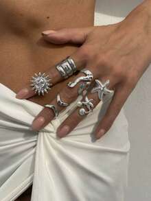 6件套欧美热销珍珠、海星、向日葵戒指套装，时尚百搭女士首饰 - 太陽花朵戒指套裝 - 查看 4