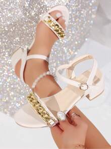 1 Pair Summer Fashion Elegant Minimalist Open Toe Low Heel Ankle Strap Sandals For Teenagers - Beige - View 7