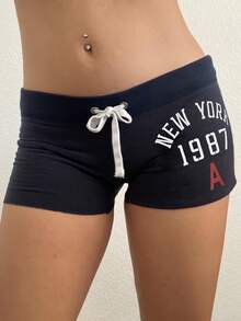 Low-Waisted Letter-Print Casual Tie-Up Hot Girl Shorts Y2K Fashion Street Style[Exclusive] - 混合色 - 查看 2