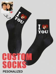 1 Pair Customized Boat Socks, Personalized Face Socks, Couples Socks, Customized Photo Socks, Customized Printed Socks, Personalized Funny Face Socks, Customized Image Socks, Can Print Any Face On Socks, Anniversary Gift, Valentine's Day Gift, Birthday Gift, Wedding Gift, Autumn Socks - Black - View 2