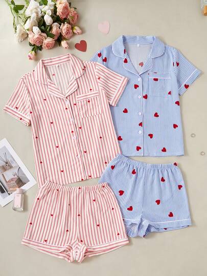 2pcs/Set Women Summer Casual Pajamas, Heart Print Short Sleeve Top And Shorts, Comfortable Loungewear