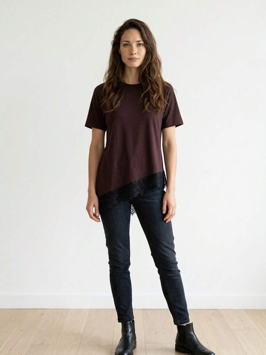 Women's Blouse/T-Shirt With Lace Detail, Knit Fabric, High-Waisted Front And Low-Waisted Back. - 棕色 - 查看 1