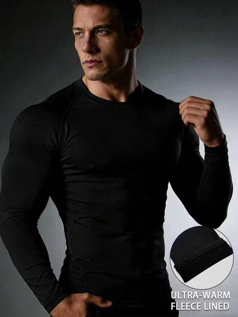 Men's Thermal Shirt For Autumn And Winter With Fleece Lining, Long-Sleeved Fleece Base Shirt - màu đen - Xem 1