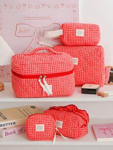 1Pc/Set Red Plaid Gilrs Make Up Bag Travel Toiletry Bag, Large Capacity Cosmetic Bag Pouch Handheld Makeup Bag Portable Toiletry Washing Bag Skincare Bag With Zipper Closure For Cosmetics,Brushes,Skincare,Lip Oil,Hand Cream,Sationery,Coin,Small Items,Make Up Case Makeup Pouch Cosmetic Organizer,Home Decor Livingroom Decor,Travel Essentials,Birthday Gift Wedding Bridesmaid Gift - Redberry Grid - View 2