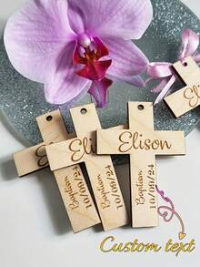 Personalized Wooden Baptism Cross Gift - Custom Name Plate, Elegant Calligraphy And Floral Pattern, Natural Wood Religious Decor For Church, Home, Christmas, Thanksgiving - Baptism, Wedding, Anniversary Unique Memento - Apricot - View 1