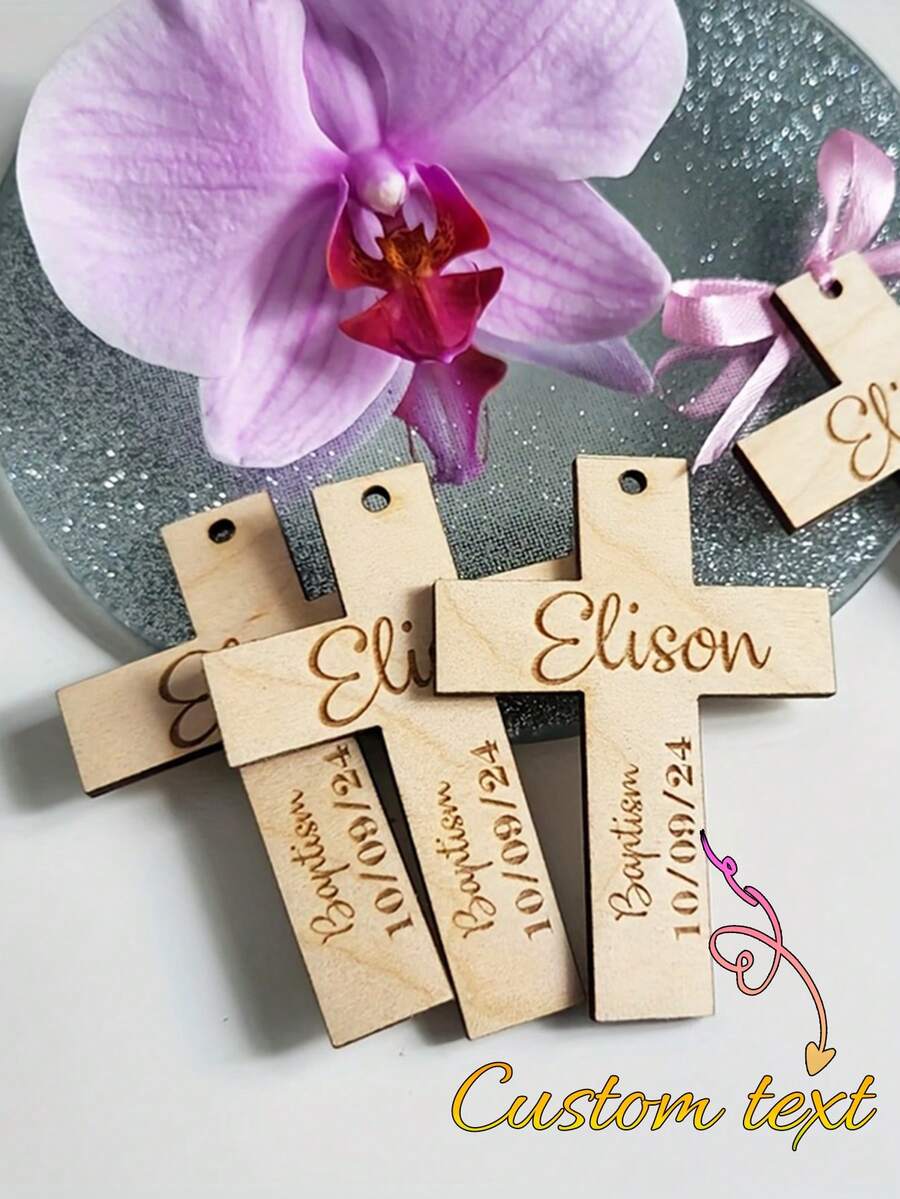 Personalized Wooden Baptism Cross Gift - Custom Name Plate, Elegant Calligraphy And Floral Pattern, Natural Wood Religious Decor For Church, Home, Christmas, Thanksgiving - Baptism, Wedding, Anniversary Unique Memento - Apricot - View 1