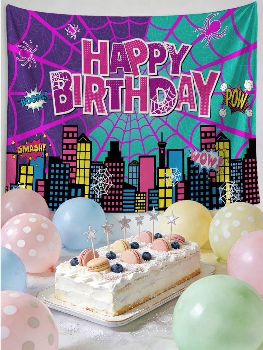 1pc T-Rendy Comic Style Spider-Web Birthday Tapestry,  Themed Party Backdrop Cloth,,D-Isney Charcaters Cartoon Theme Happy Birthday Party Backdrop,Pink Tapestry,Holiday Decoration, Decoration Themed Perfect Gift ,Room Wall Art Decoration,Fairy Tale Style,For Bedroom Living Room Corridor, Wall Art, Wall Decoration, Room Decoration - A - View 1
