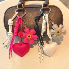 1PC Girl -Style DIY Bag Pendant, Leather Braided Rope Flower Heart Ornament, Car Keychain Pendant - 米色 - 查看 4