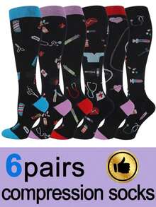 6 pares de calcetines de compresión para mujer, calcetines hasta la rodilla con diseño médico lindo, calcetines de compresión para enfermeras, adecuados para correr, ciclismo, senderismo - Negro - Ver 5