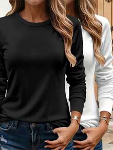 Bộ 2 áo thun dài tay nữ, áo lót cổ tròn bằng cotton, thích hợp cho mùa thu/đông, áo giữ ấm mùa đông, kiểu dáng thường ngày. - Đen + Trắng - Xem 2