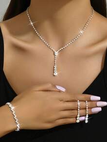 Easter Party Elegant Water Drop Pendant Necklace, Earrings, Bracelet 3 Pieces Set, Versatile Sophisticated Jewelry For Daily Wear - White - View 3