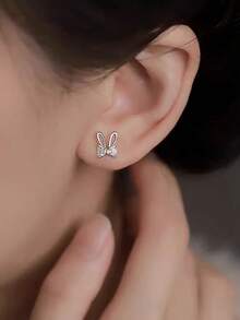 1 Pair Cute & Delicate Rabbit Bow Earrings For Girl - Silver - View 2