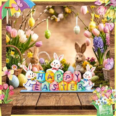 1 pieza Letrero de sobremesa decorativo de madera para Pascua - Estilo lindo y colorido, adecuado para decoración de escritorio/primavera, ambientación de Pascua, aficionados adorables y propietarios de hogares acogedores